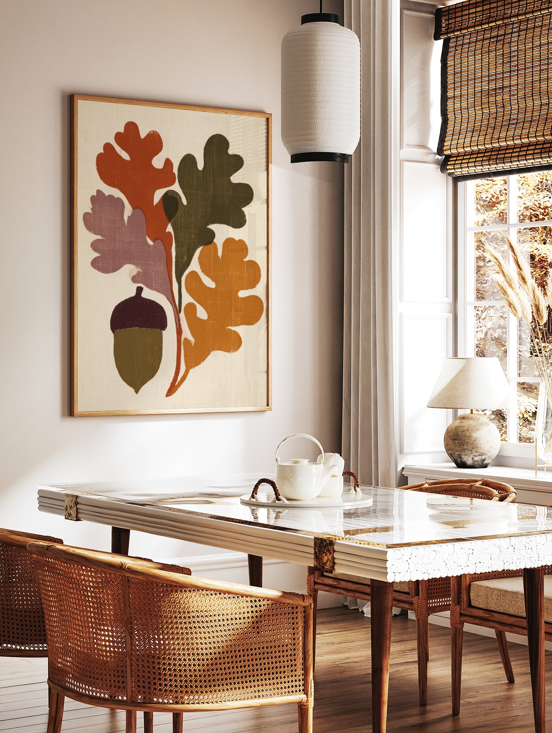Stylised oak leaves and acorn botanical illustration with rust, olive, and mustard colours on a, in a styled room mockup
