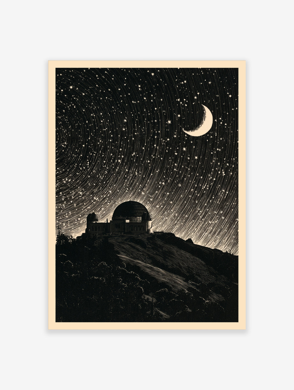 Linocut style observatory illustration with star trails and crescent moon, black and white astronomy wall art print