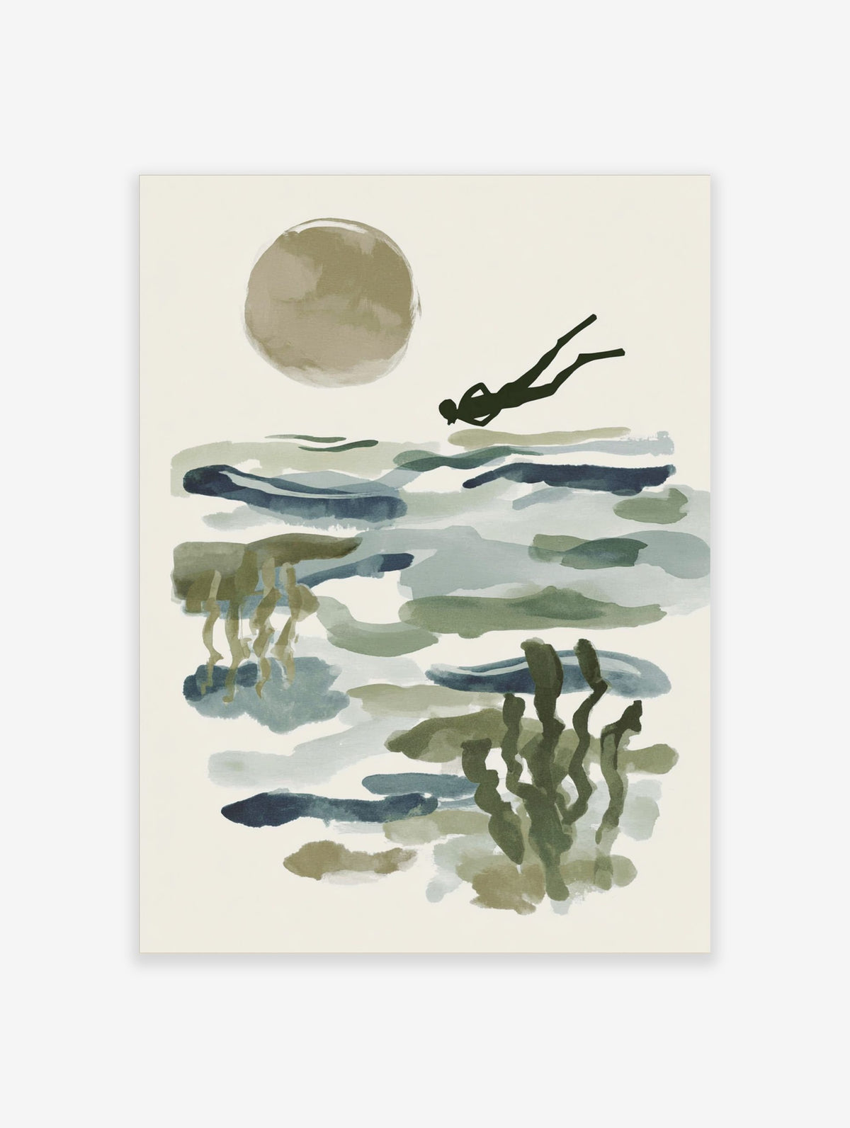 Abstract ocean diver swimming over blue-green water with a large beige sun and underwater plants