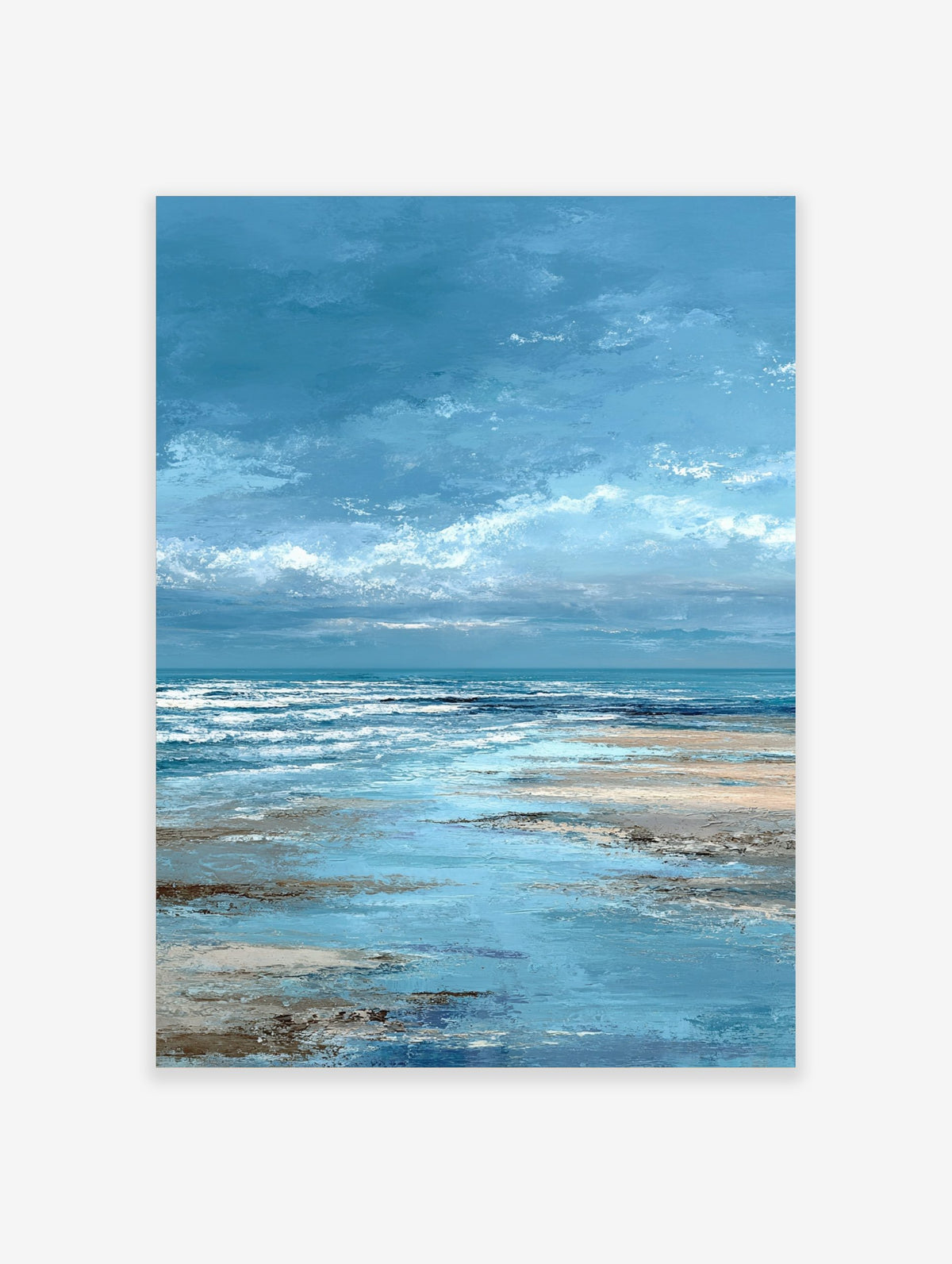 Textured blue ocean seascape painting with white waves crashing on a wet sandy beach under a cloudy sky