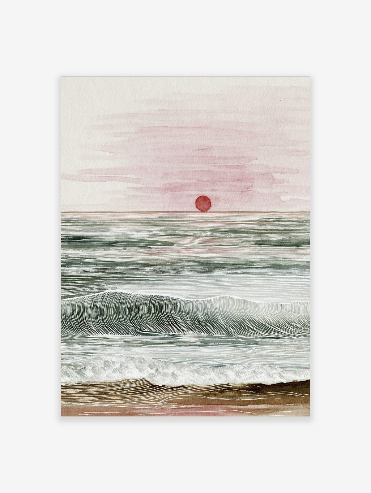 Ocean sunset watercolour and line art print with red sun, green waves, and sandy beach