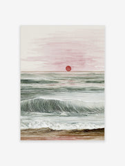 Ocean sunset watercolour and line art print with red sun, green waves, and sandy beach