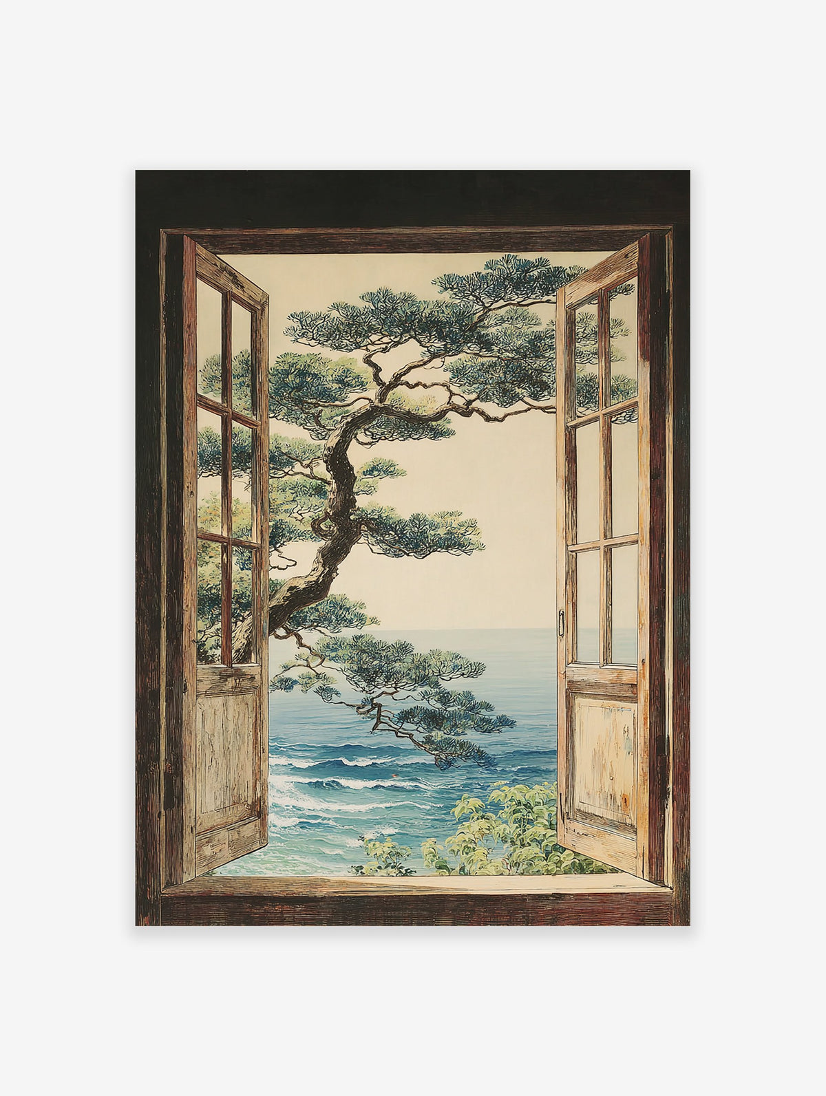 Illustration of a Japanese-style pine tree and blue ocean seen through an open wooden window. Coastal ocean view wall art.