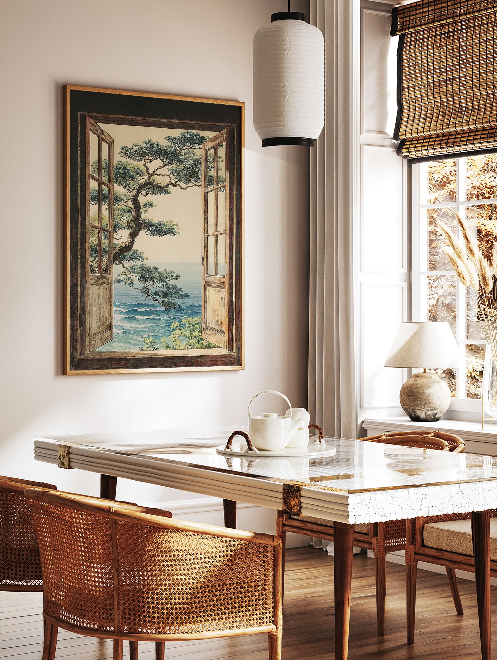 Illustration of a Japanese-style pine tree and blue ocean seen through an open wooden window. Coastal ocean view wall art. - Image 2
