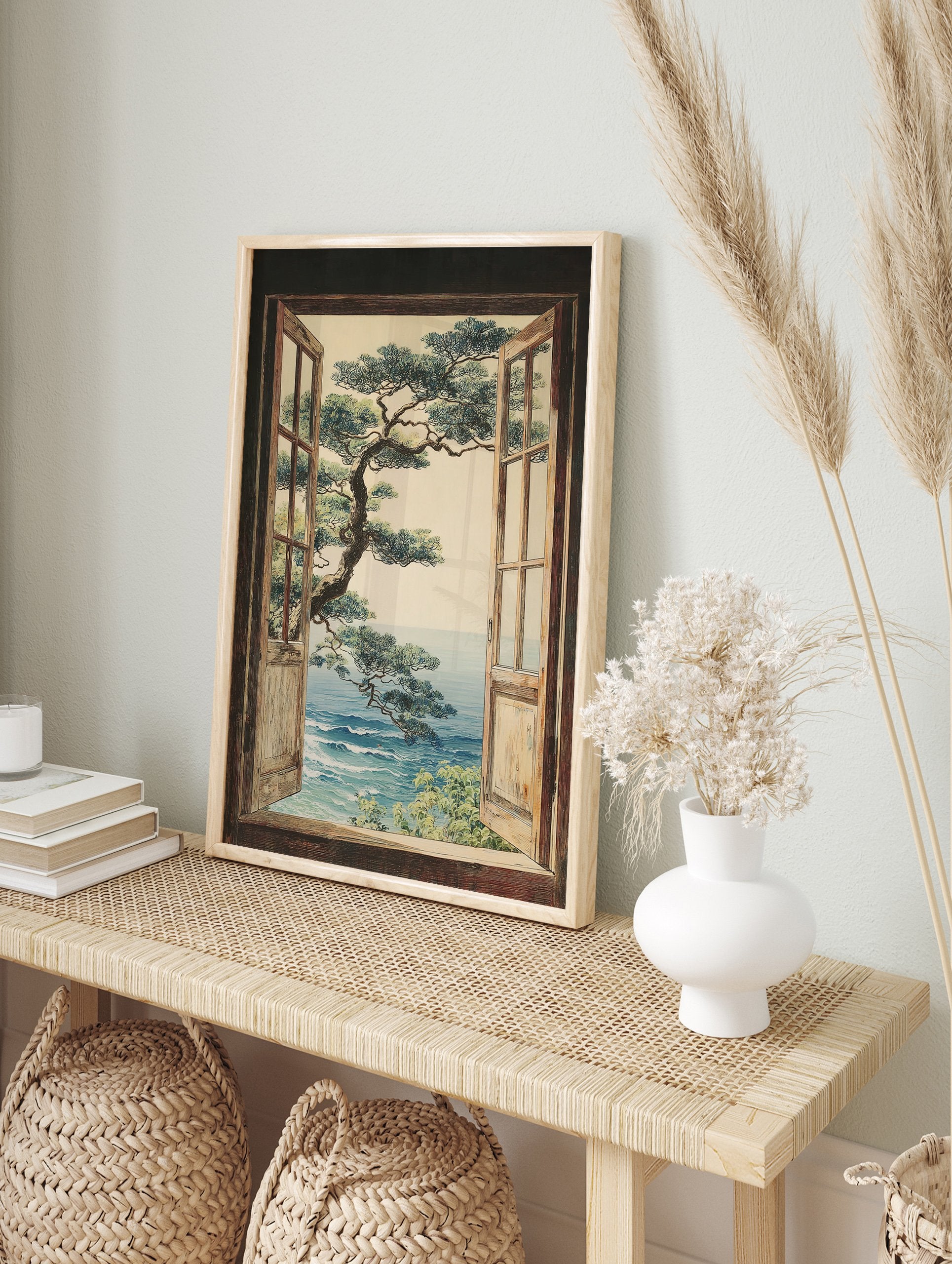 Illustration of a Japanese-style pine tree and blue ocean seen through an open wooden window. Coastal ocean view wall art. - Image 3