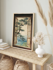 Illustration of a Japanese-style pine tree and blue ocean seen through an open wooden window. Coastal ocean view wall art. - Image 3