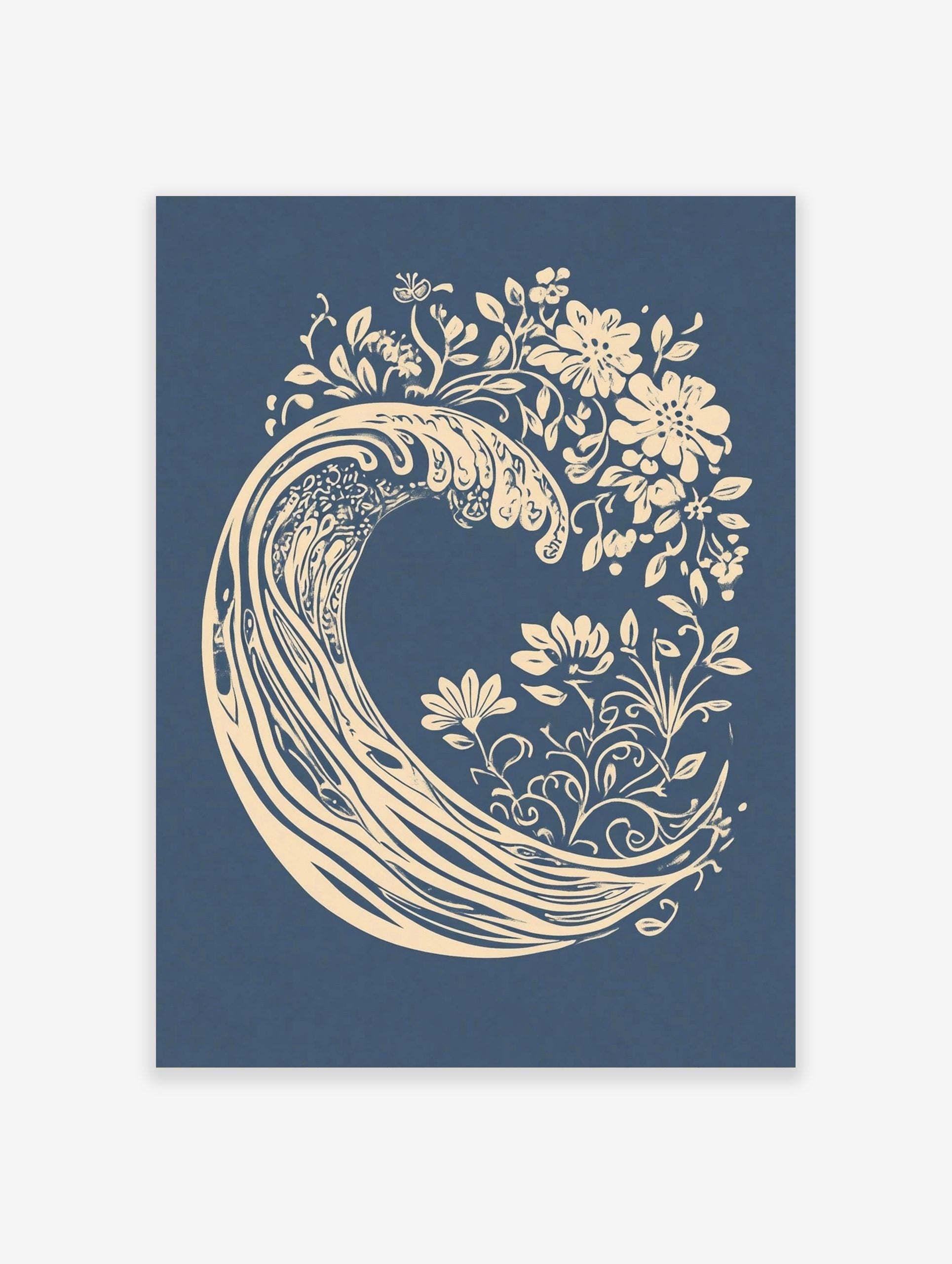Stylised cream ocean wave with botanical flowers and leaves on a deep blue background, illustrative art print