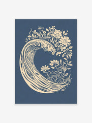 Stylised cream ocean wave with botanical flowers and leaves on a deep blue background, illustrative art print