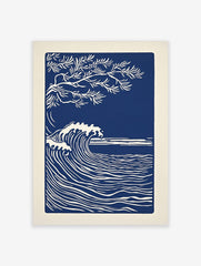 Illustrative deep blue and white art print of a large ocean wave and a tree branch