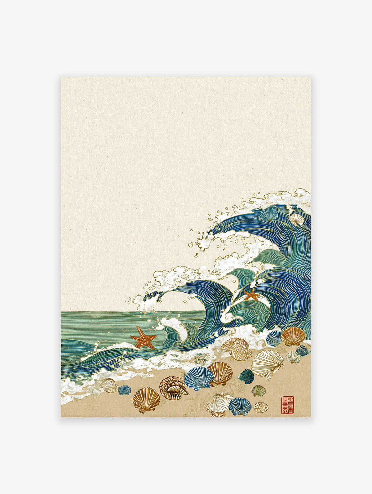 Japanese-style Ocean Wave Art Print with blue waves, gold outlines, seashells, and orange starfish on a sandy beach.