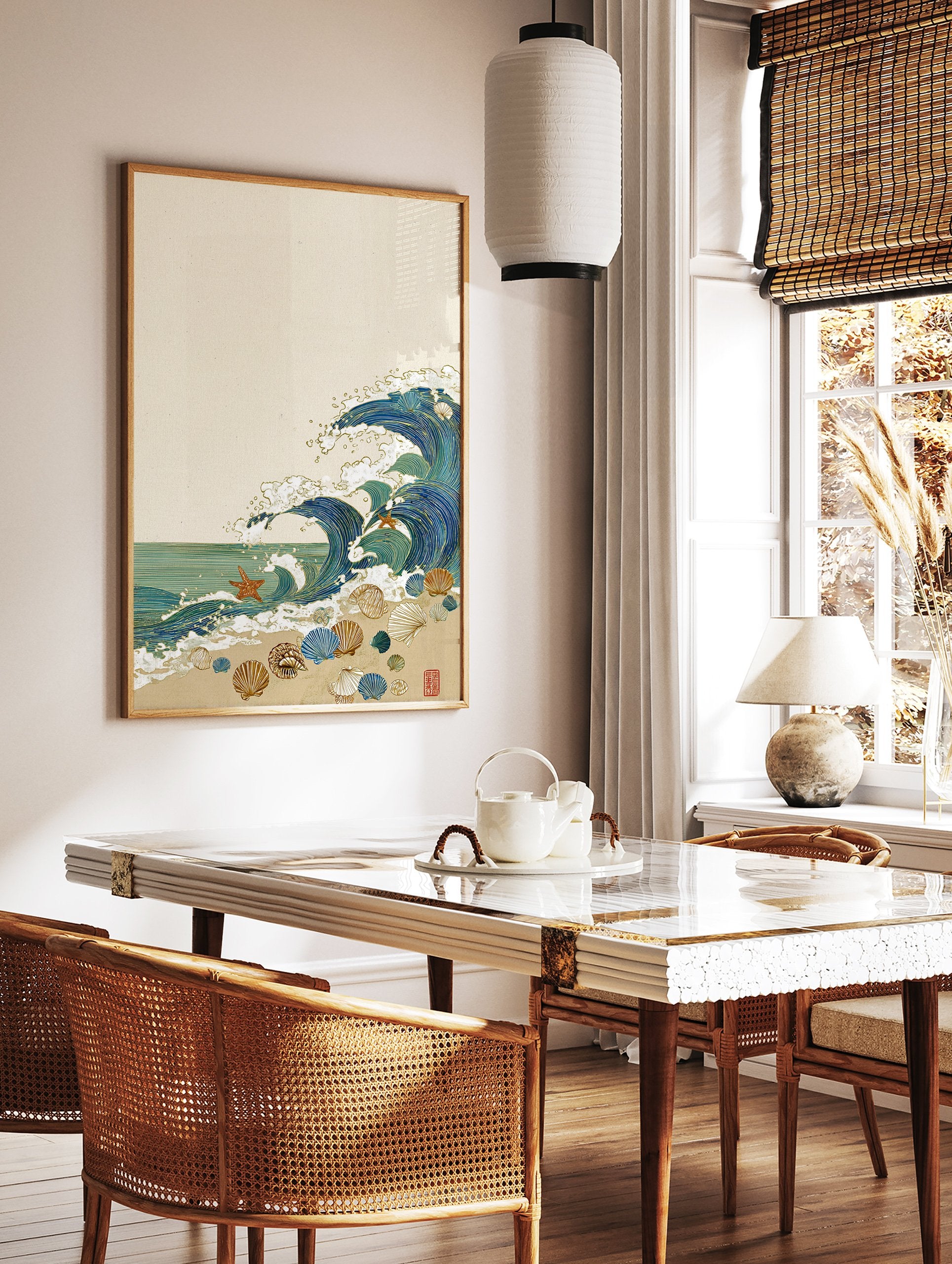 Japanese-style Ocean Wave Art Print with blue waves, gold outlines, seashells, and orange starfish on a sandy beach. - Image 2