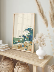 Japanese-style Ocean Wave Art Print with blue waves, gold outlines, seashells, and orange starfish on a sandy beach. - Image 3