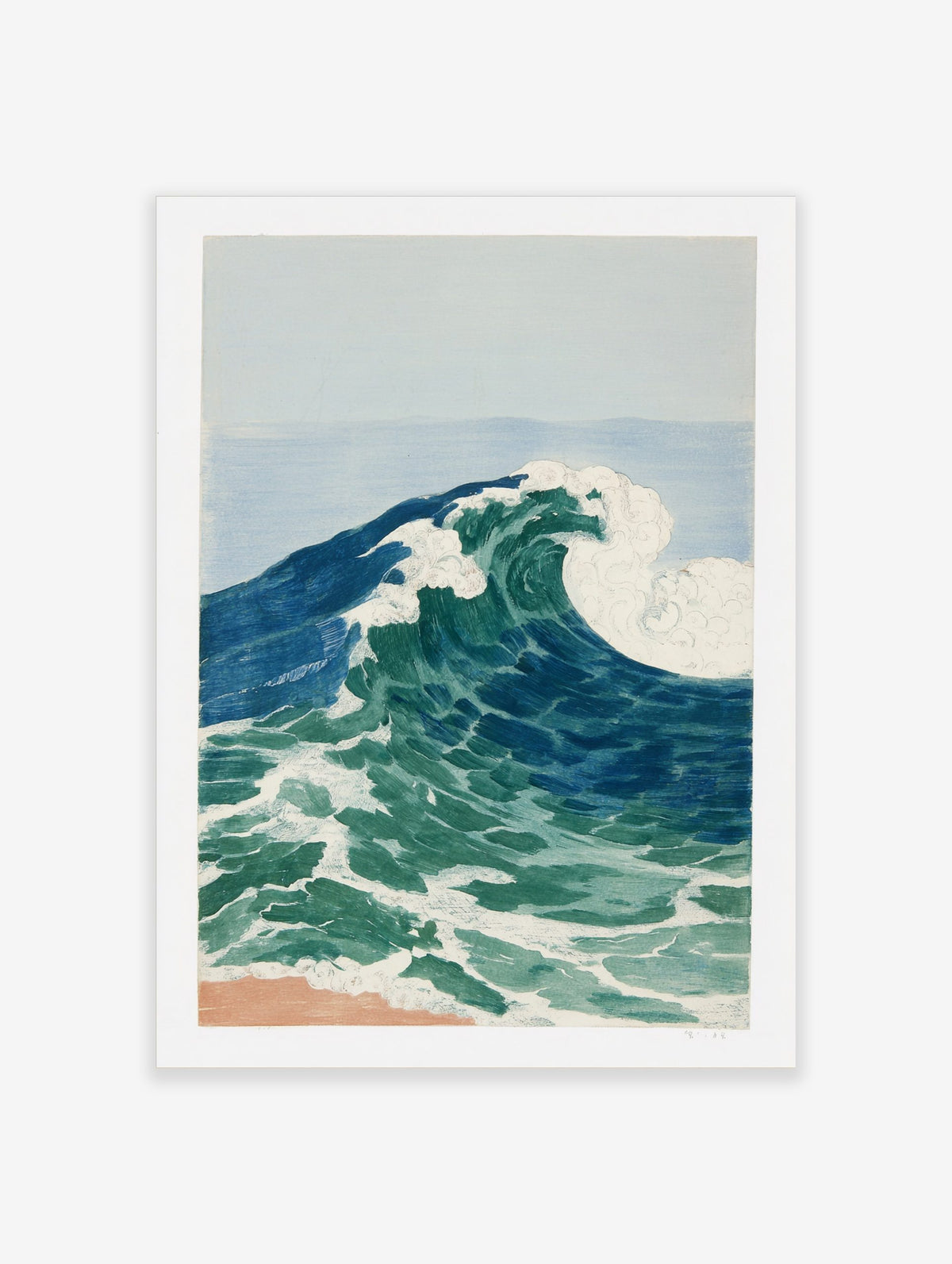Illustrative ocean wave art print with blue and green water, white foam, and light blue sky over a sandy beach