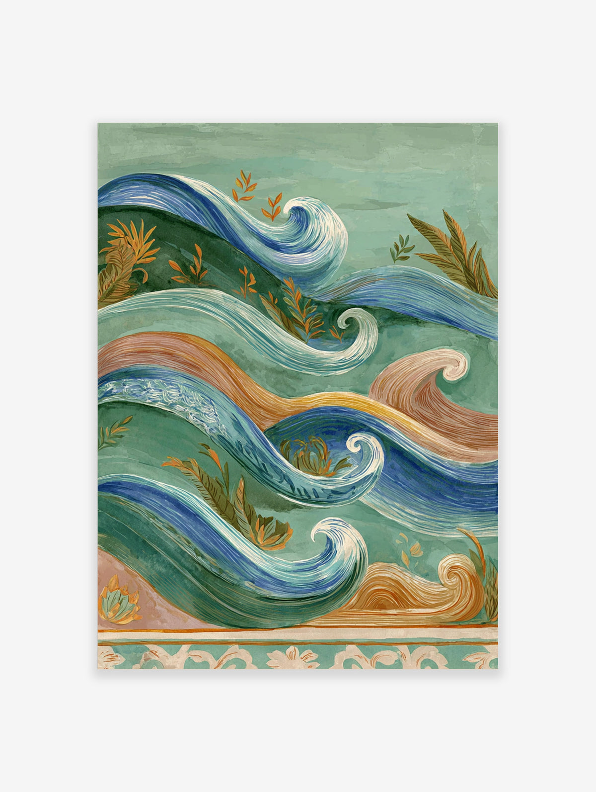 Ocean wave wall art with blue, green, and peach swirling ribbons and stylized leaves on a teal background