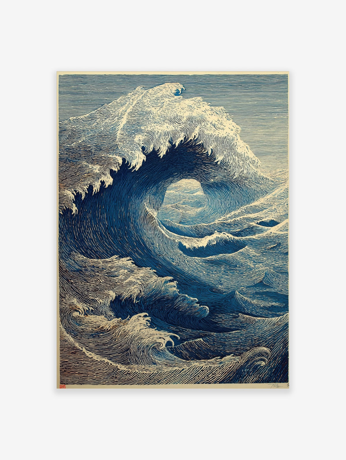 Illustrative blue ocean wave art print in woodcut style, showing a large breaking wave with foam and intricate lines