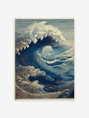 Illustrative blue ocean wave art print in woodcut style, showing a large breaking wave with foam and intricate lines