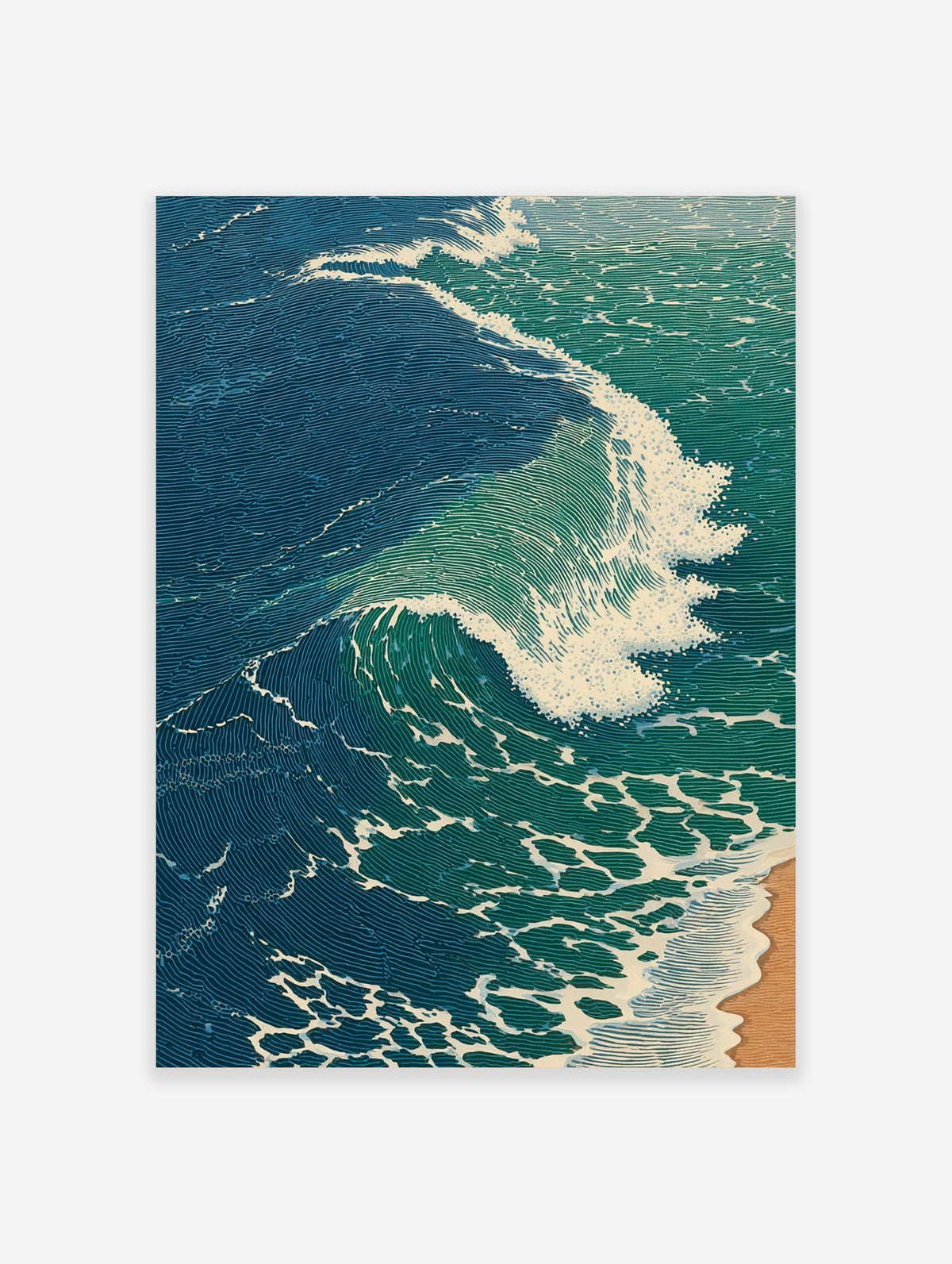 Illustrative print of a large ocean wave with blue-green water and white foam breaking onto a sandy shore