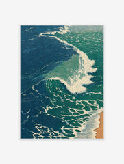 Illustrative print of a large ocean wave with blue-green water and white foam breaking onto a sandy shore