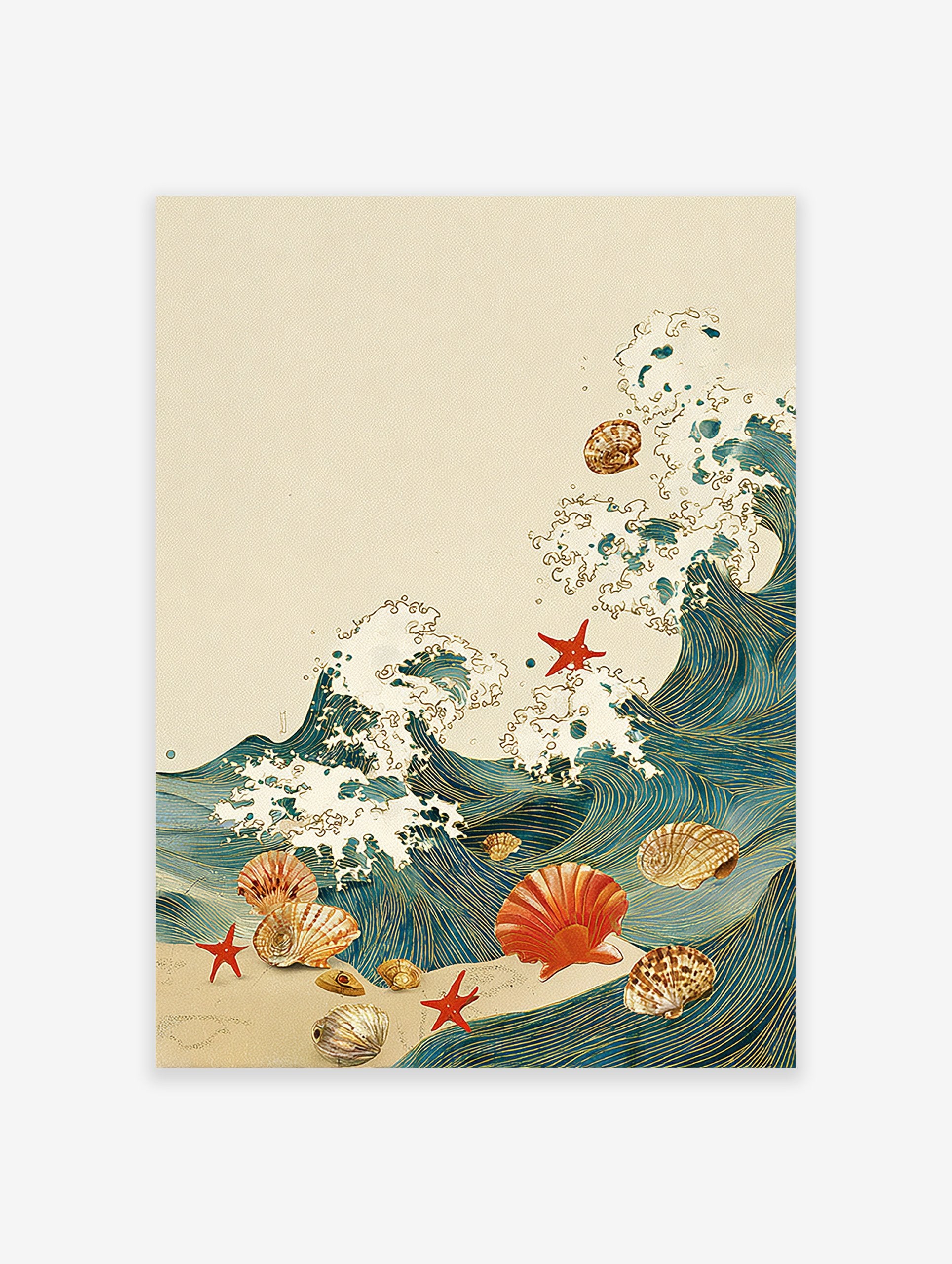 Japanese-style ocean wave wall art with blue and gold waves, seashells, and red starfish on a beige background.