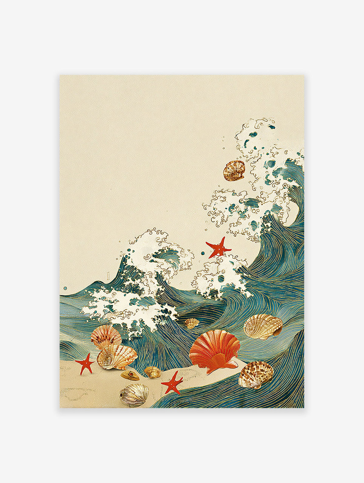 Japanese-style ocean wave wall art with blue and gold waves, seashells, and red starfish on a beige background.
