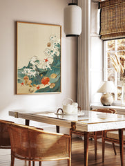 Japanese-style ocean wave wall art with blue and gold waves, seashells, and red starfish on a beige background. - Image 2