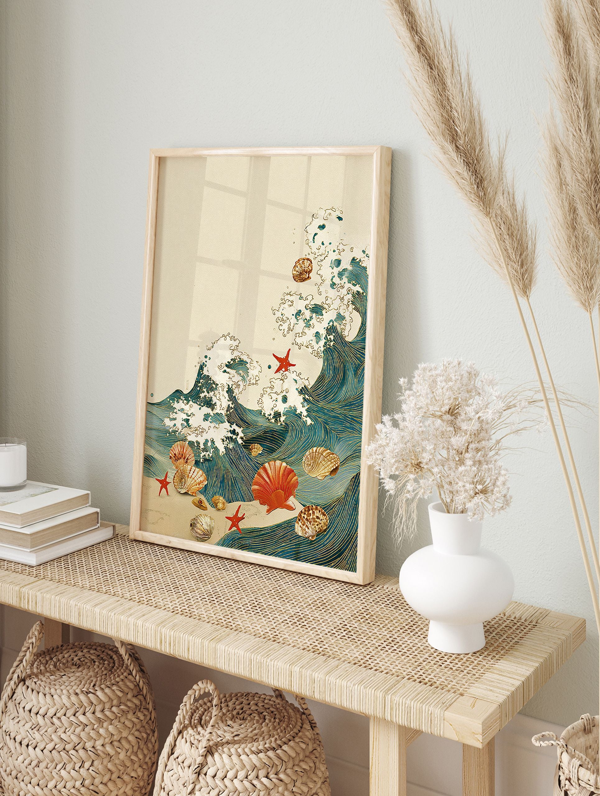 Japanese-style ocean wave wall art with blue and gold waves, seashells, and red starfish on a beige background. - Image 3