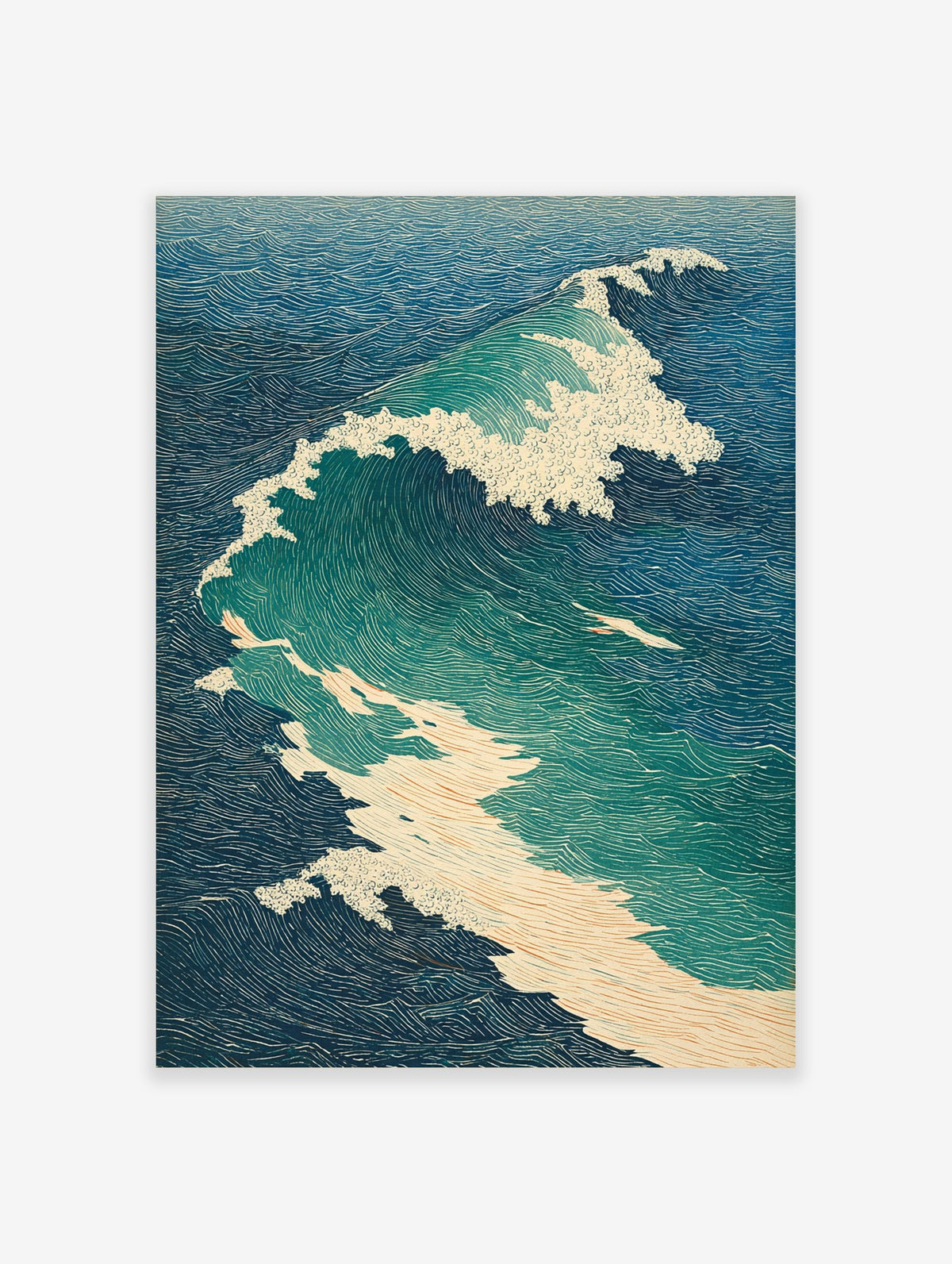 Dynamic ocean wave in Japanese ukiyo-e style with blue, teal, and white foam on textured water