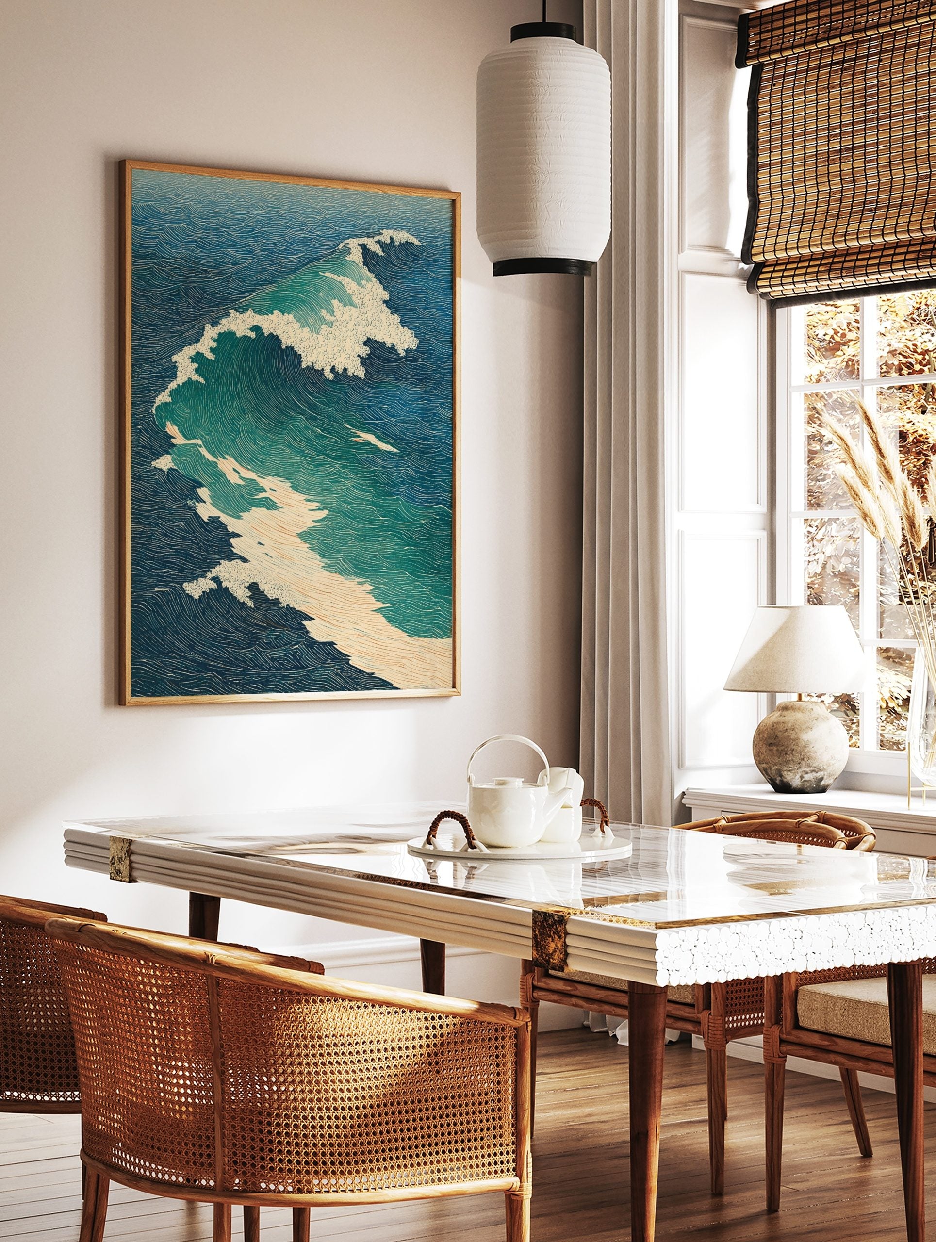 Dynamic ocean wave in Japanese ukiyo-e style with blue, teal, and white foam on textured water, in a styled room mockup