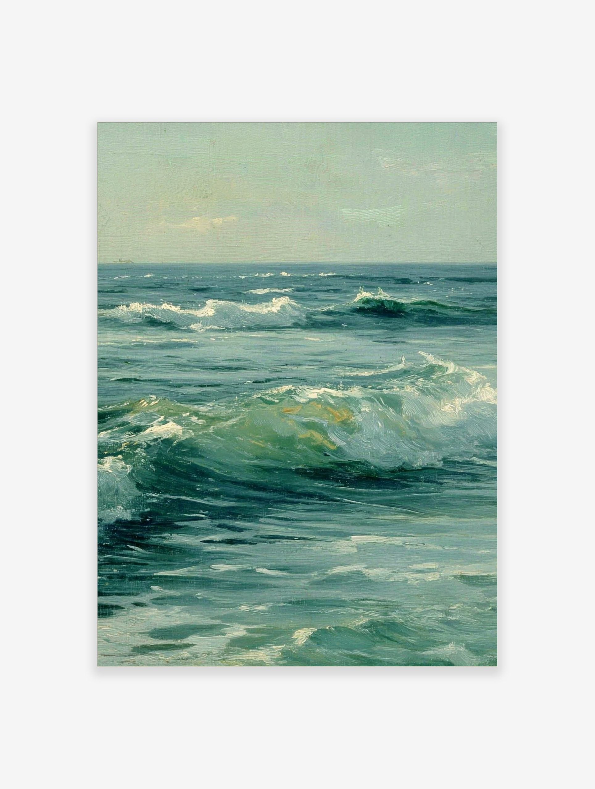 Painterly ocean scene with dynamic green and blue waves breaking, white foam, and a calm sea horizon