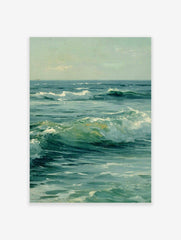 Painterly ocean scene with dynamic green and blue waves breaking, white foam, and a calm sea horizon