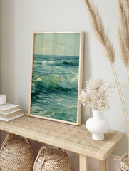 Painterly ocean scene with dynamic green and blue waves breaking, white foam, and a calm sea, in an alternate framed mockup