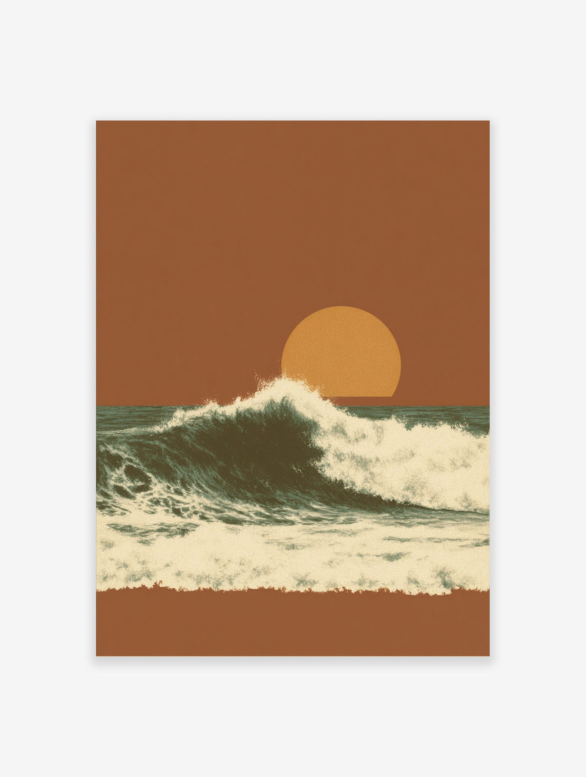 Illustrative ocean wave crashing against a dark teal sea under an orange sunset sky with a large sun