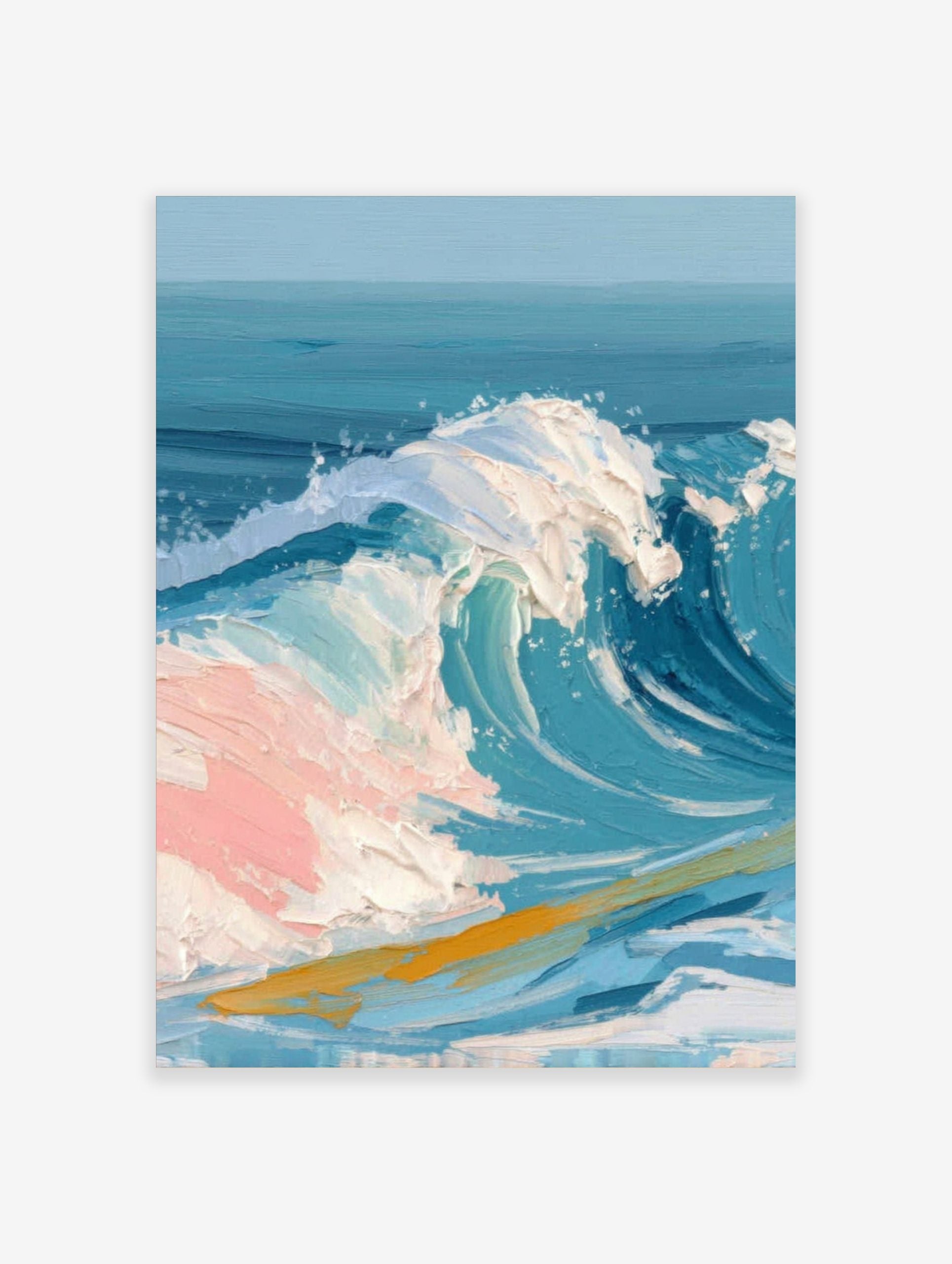 Textured painting of a large blue ocean wave with white foam and pink highlights, golden streak in water