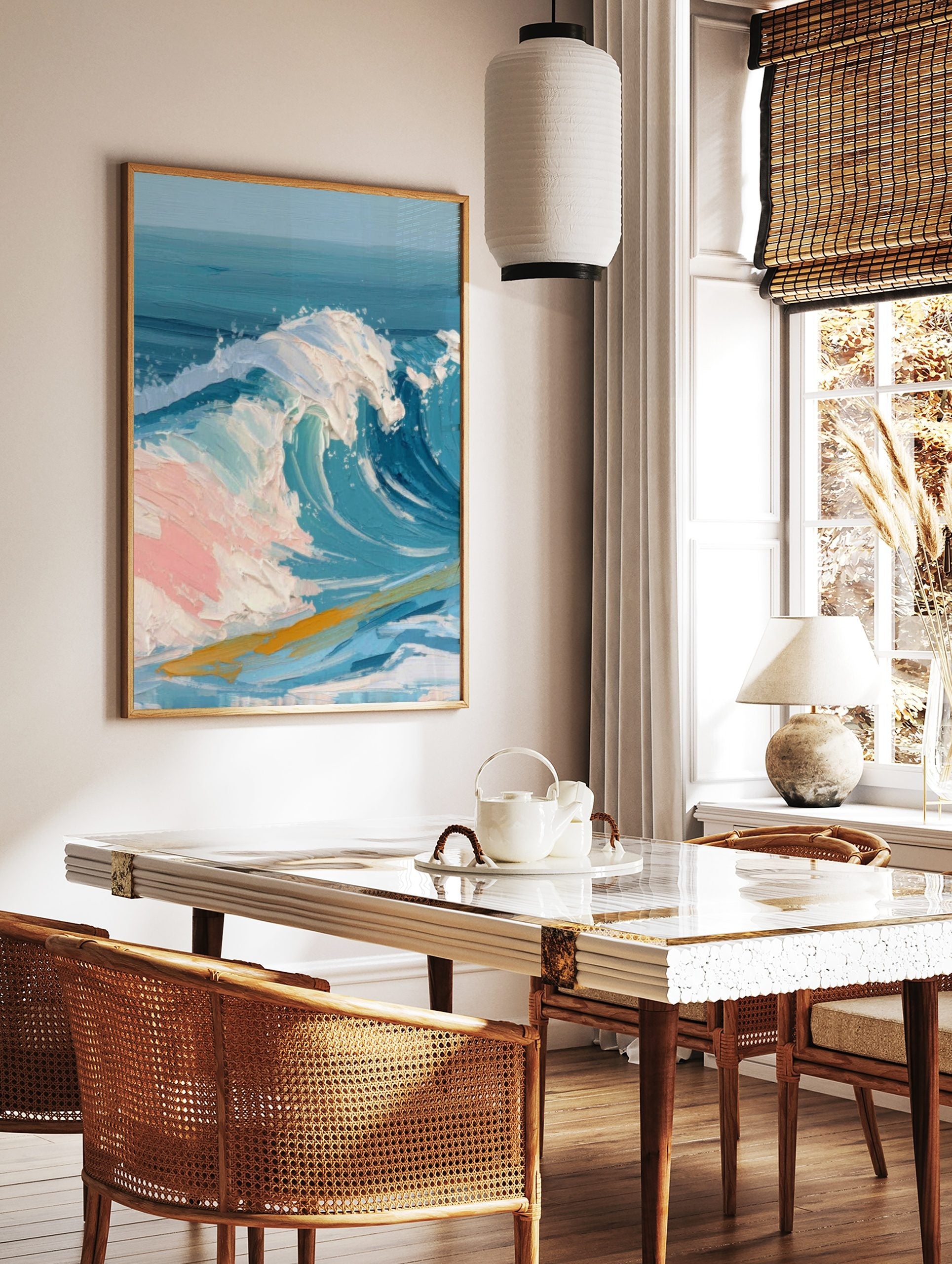 Textured painting of a large blue ocean wave with white foam and pink highlights, golden streak in, in a styled room mockup