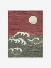 Woodcut style print of large ocean waves and full moon against a red sky, with strong lines