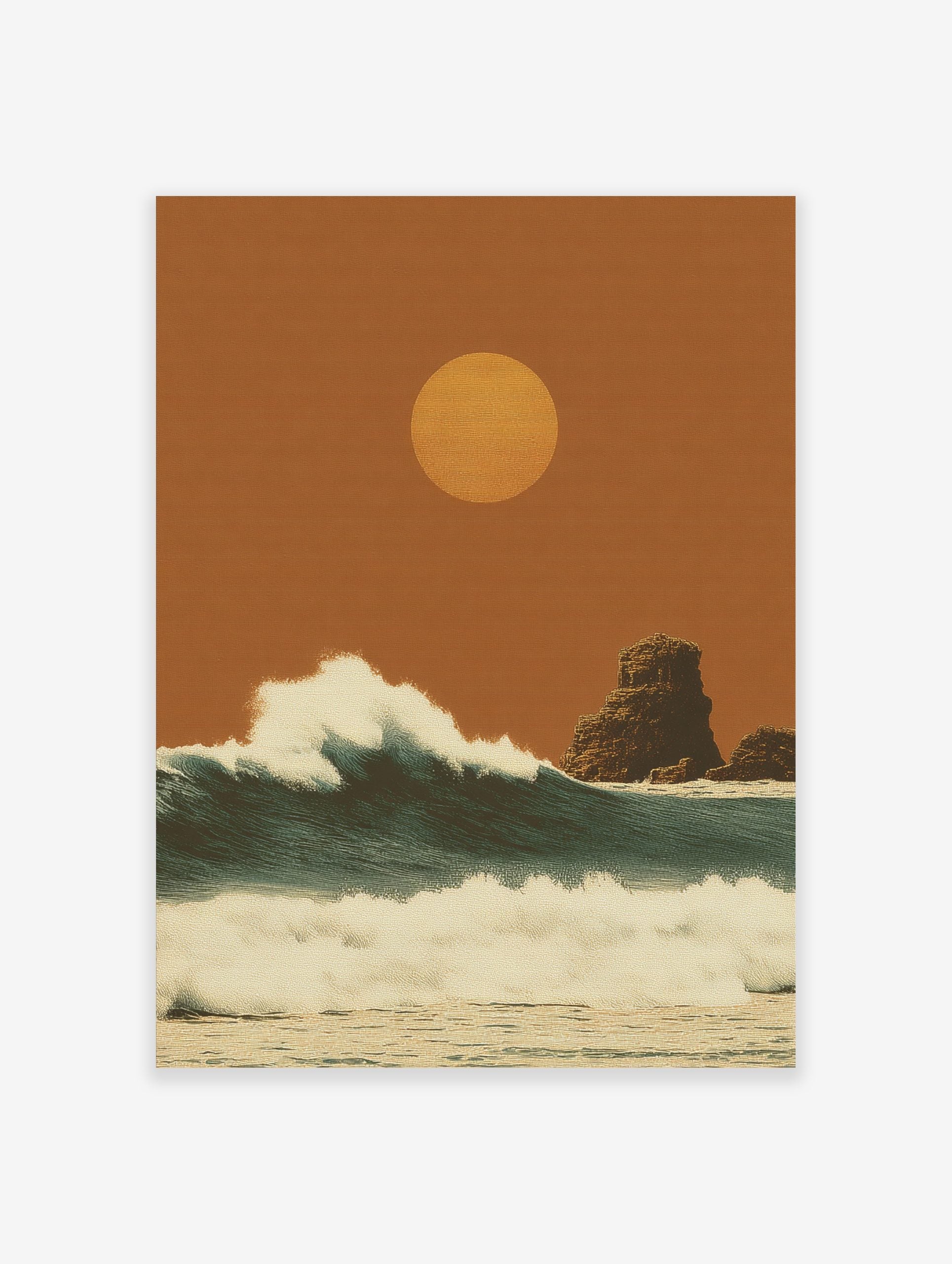 Stylised ocean waves under a warm orange sun with rock formations in a textured, illustrative art print