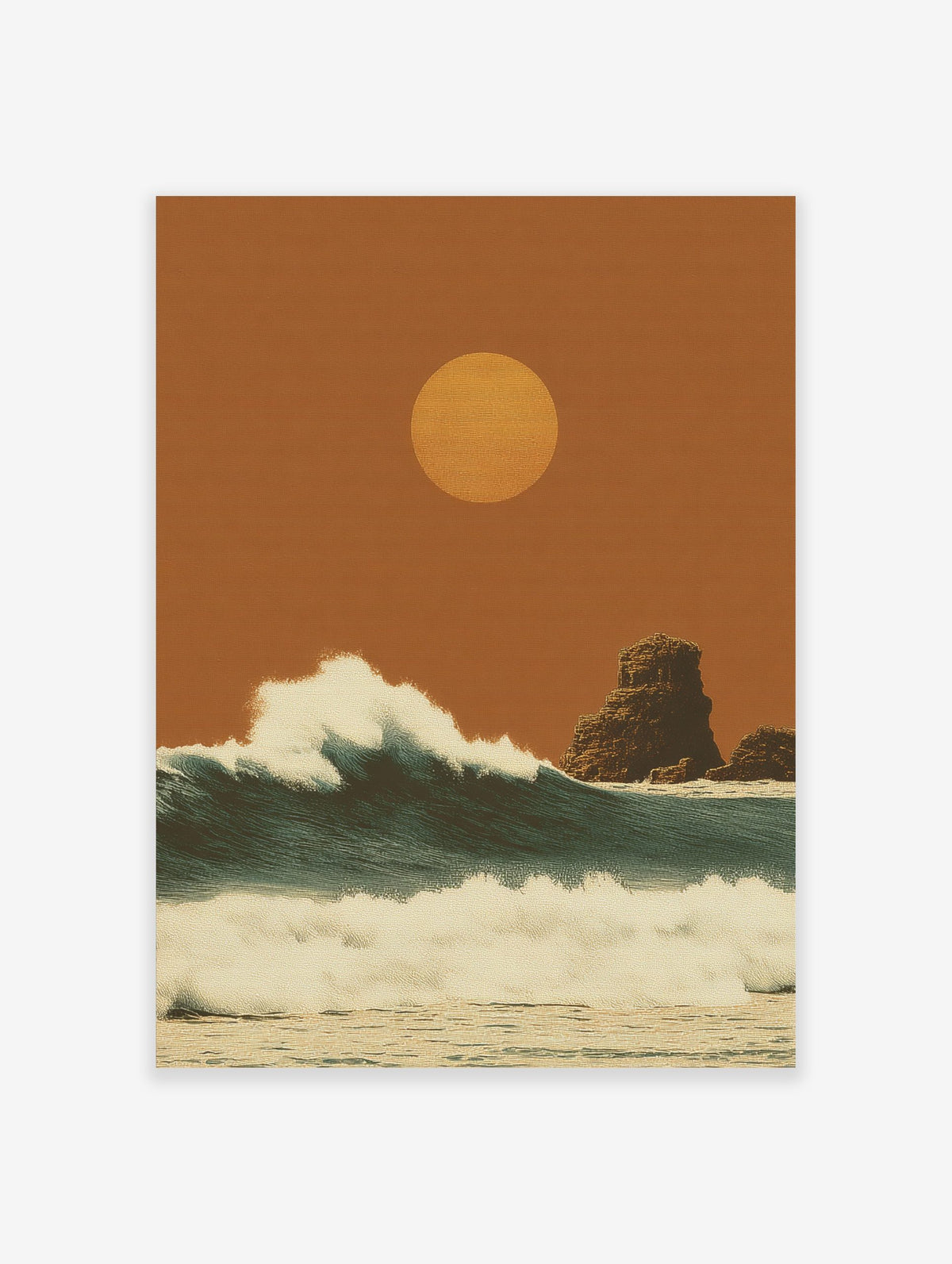 Stylised ocean waves under a warm orange sun with rock formations in a textured, illustrative art print