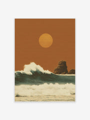 Stylised ocean waves under a warm orange sun with rock formations in a textured, illustrative art print