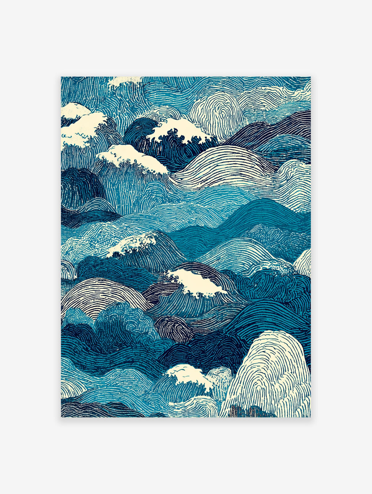 Ocean waves poster featuring a dynamic Japanese woodblock style illustration of blue and white rolling sea waves.