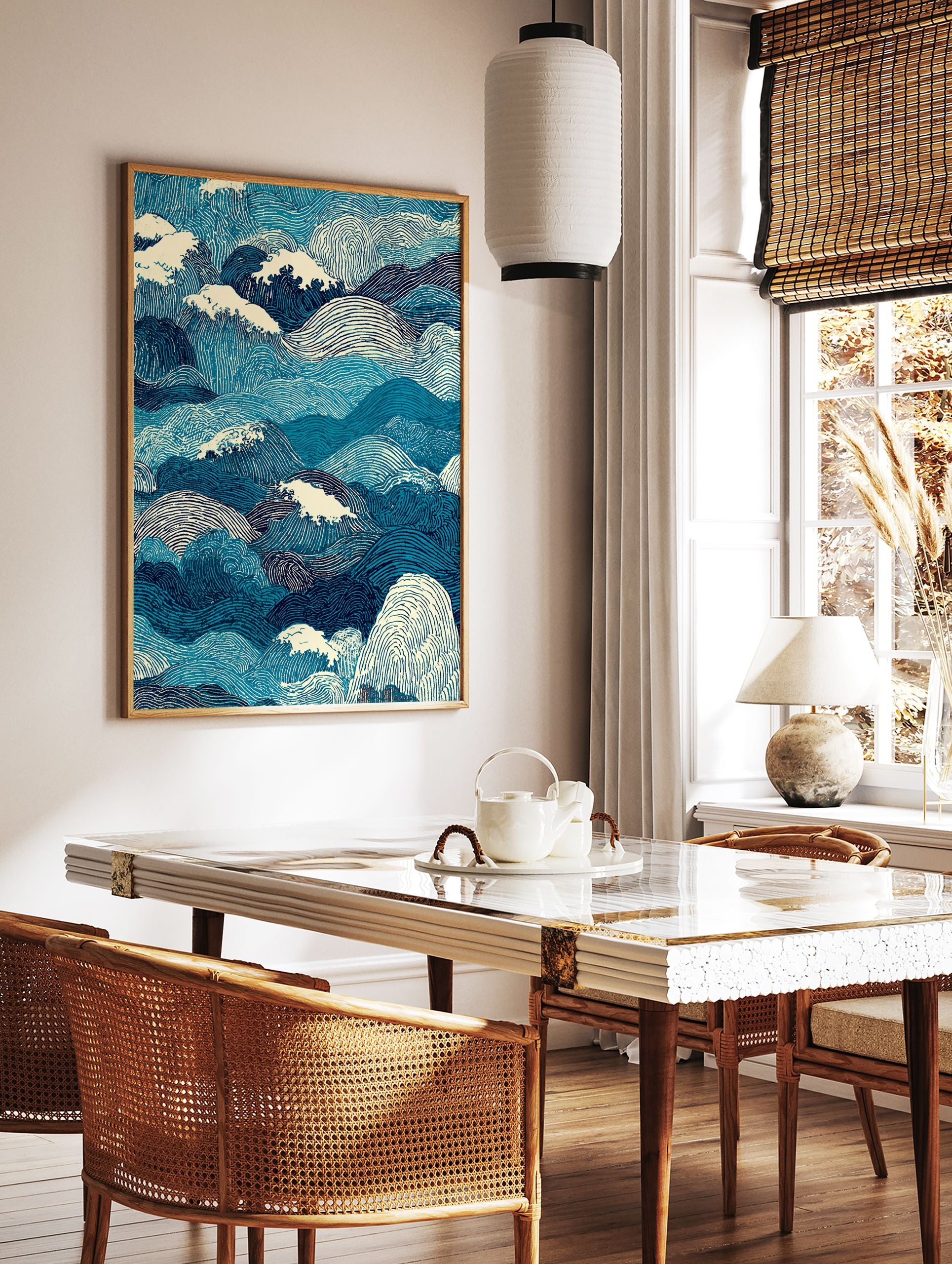 Ocean waves poster featuring a dynamic Japanese woodblock style illustration of blue and white rolling sea waves. - Image 2