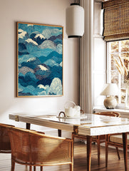 Ocean waves poster featuring a dynamic Japanese woodblock style illustration of blue and white rolling sea waves. - Image 2