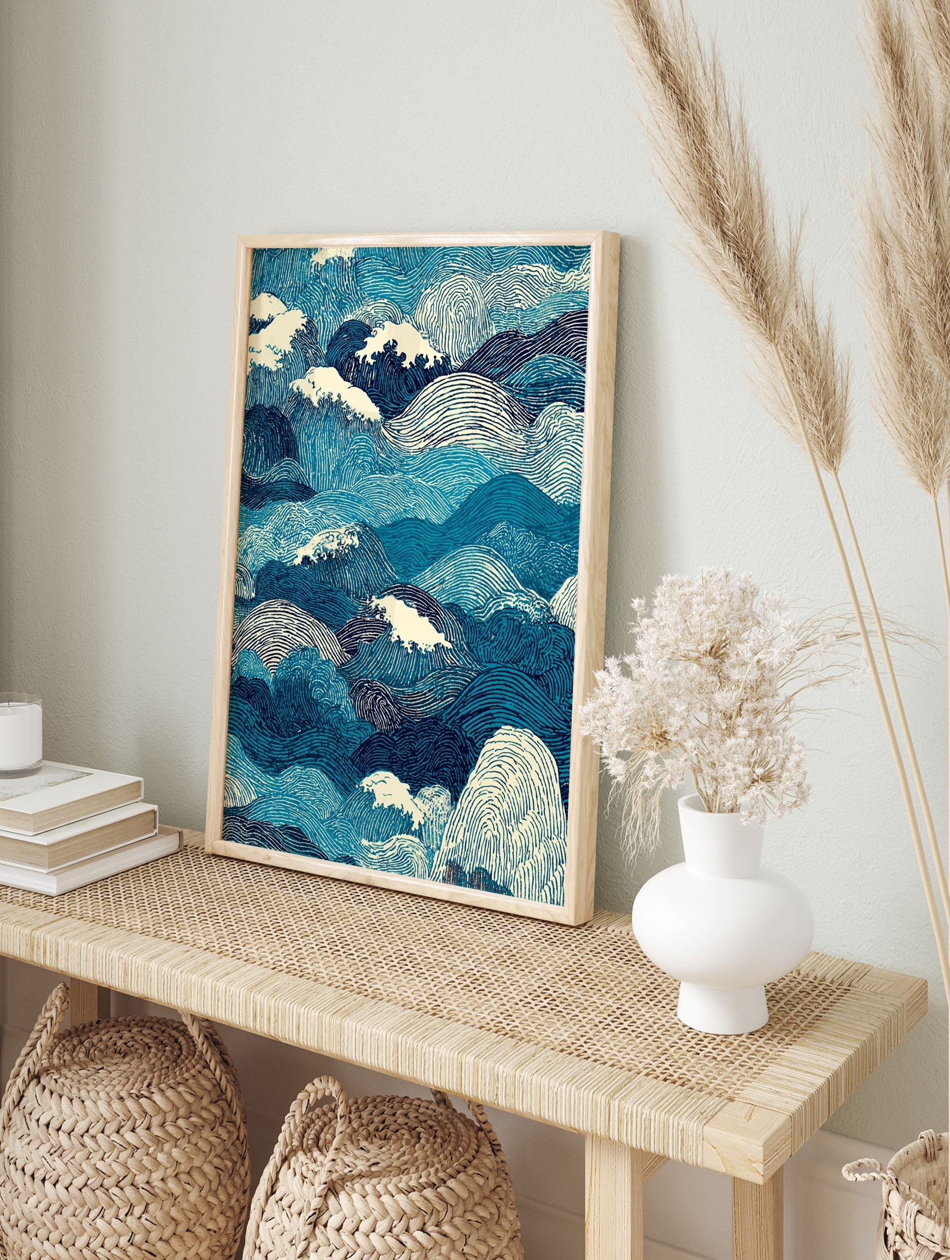 Ocean waves poster featuring a dynamic Japanese woodblock style illustration of blue and white rolling sea waves. - Image 4