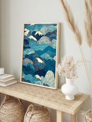 Ocean waves poster featuring a dynamic Japanese woodblock style illustration of blue and white rolling sea waves. - Image 4