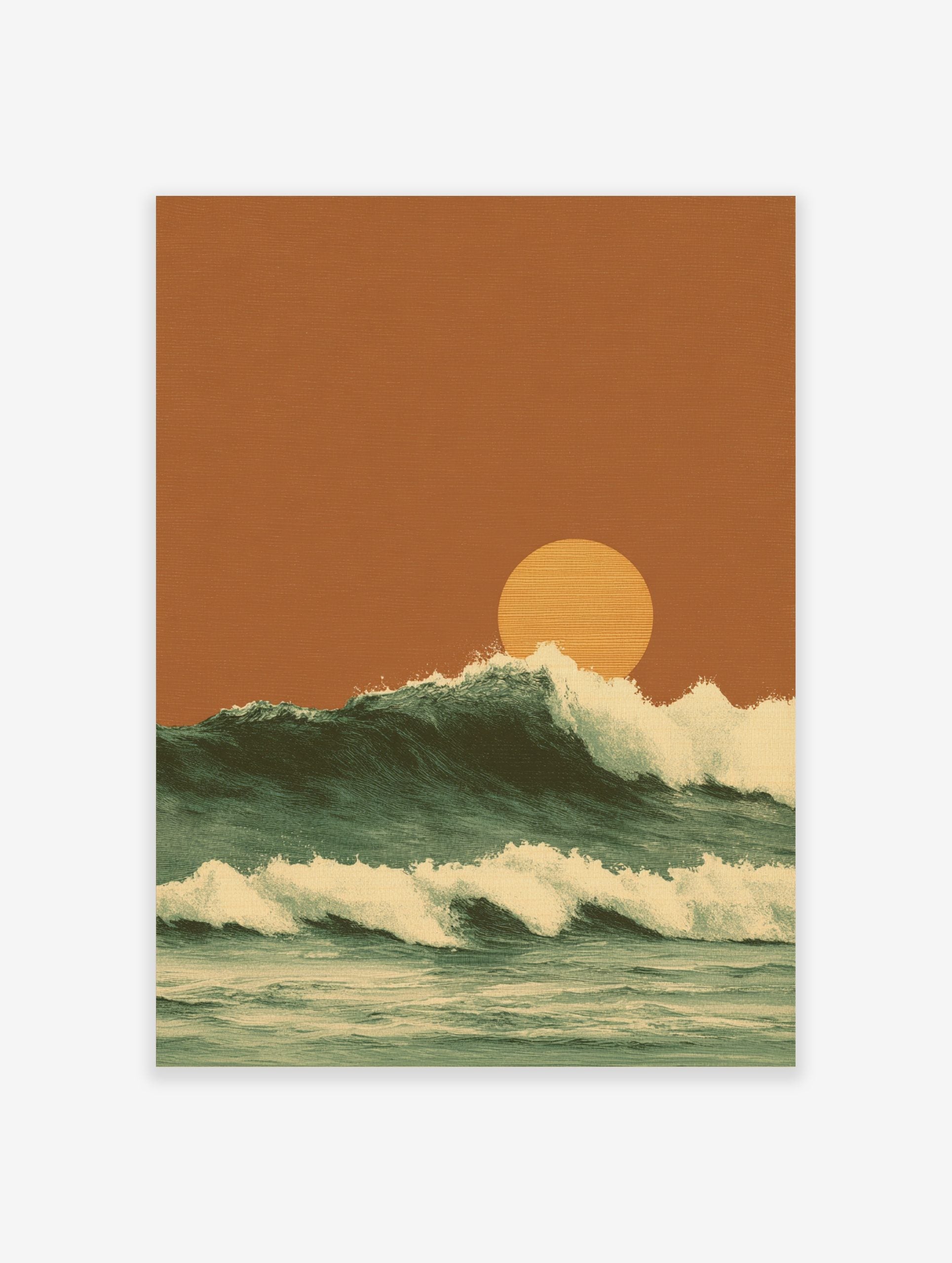 Illustrative ocean waves with white foam crests and a large orange setting sun against an earthy sky