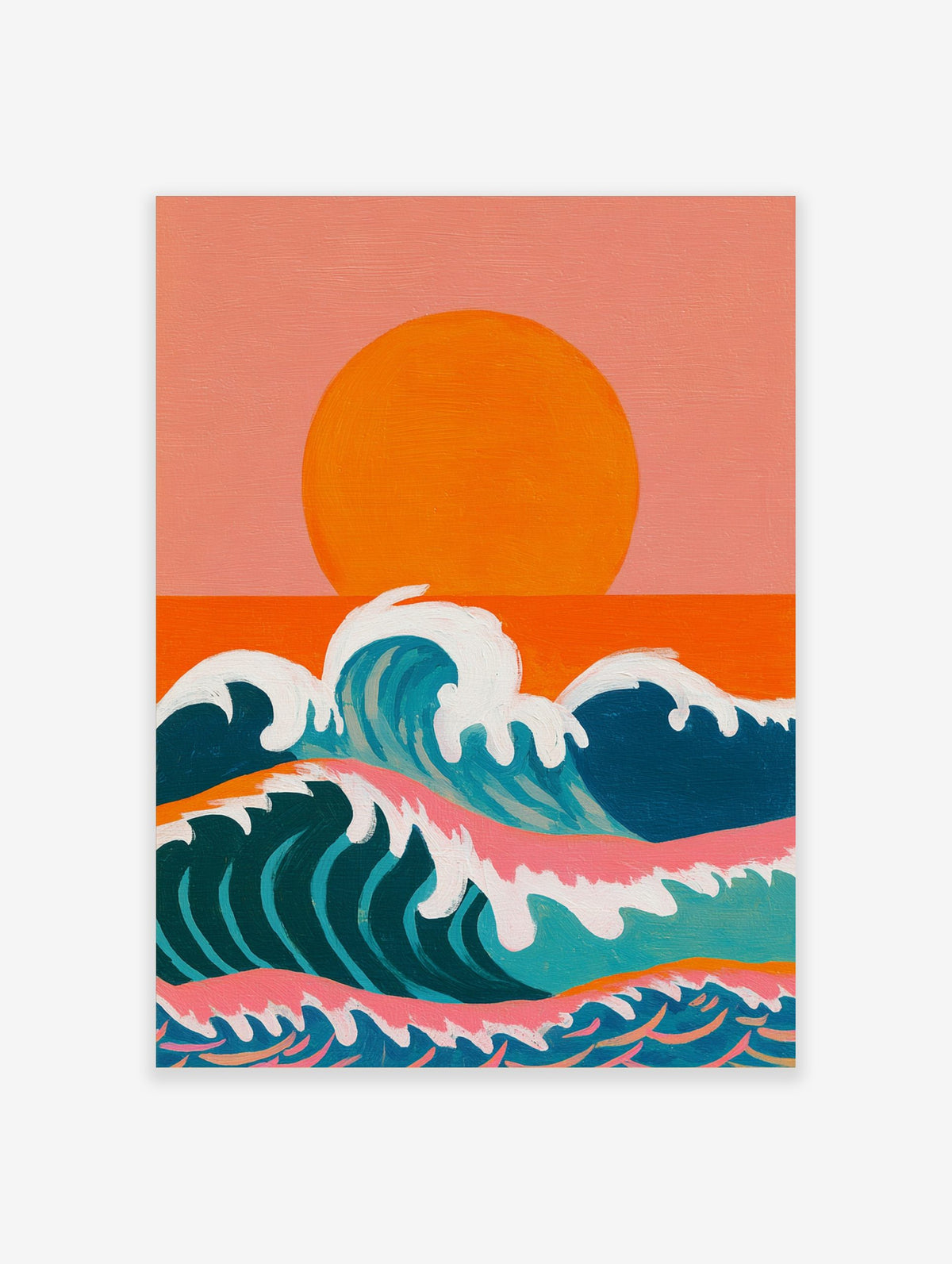 Illustrative ocean waves with white foam under a large orange sun and peachy-pink sky
