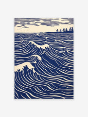 Illustrative blue ocean waves with white crests, a distant tree-lined coast, and striped sky art print