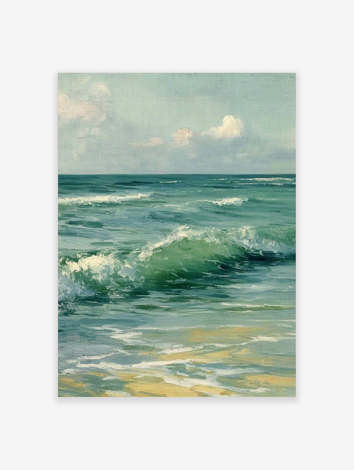 Close-up painting of green and blue ocean waves crashing onto a sandy beach under a cloudy sky