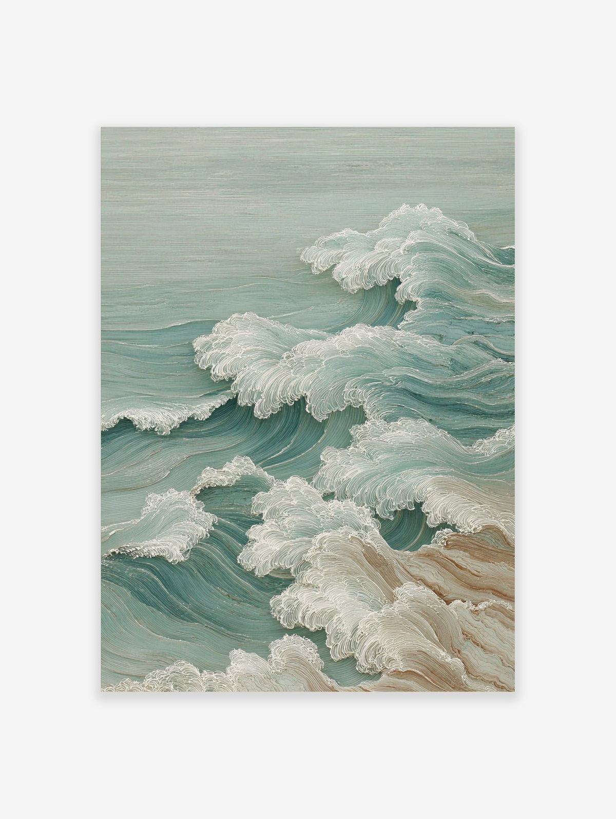 Illustrative ocean waves art print with white foam crests and teal water, in a Japanese style