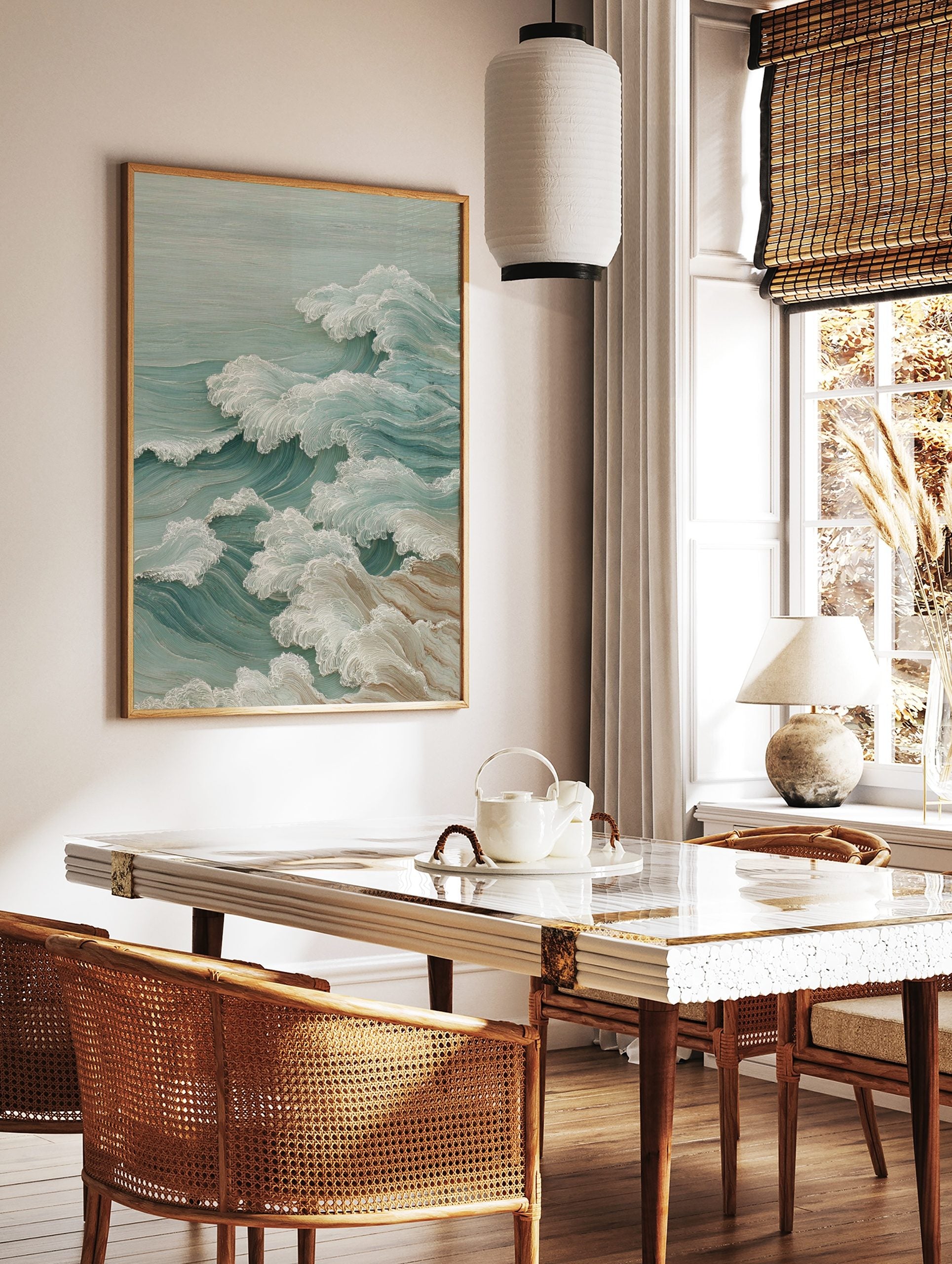 Illustrative ocean waves art print with white foam crests and teal water, in a Japanese style, in a styled room mockup