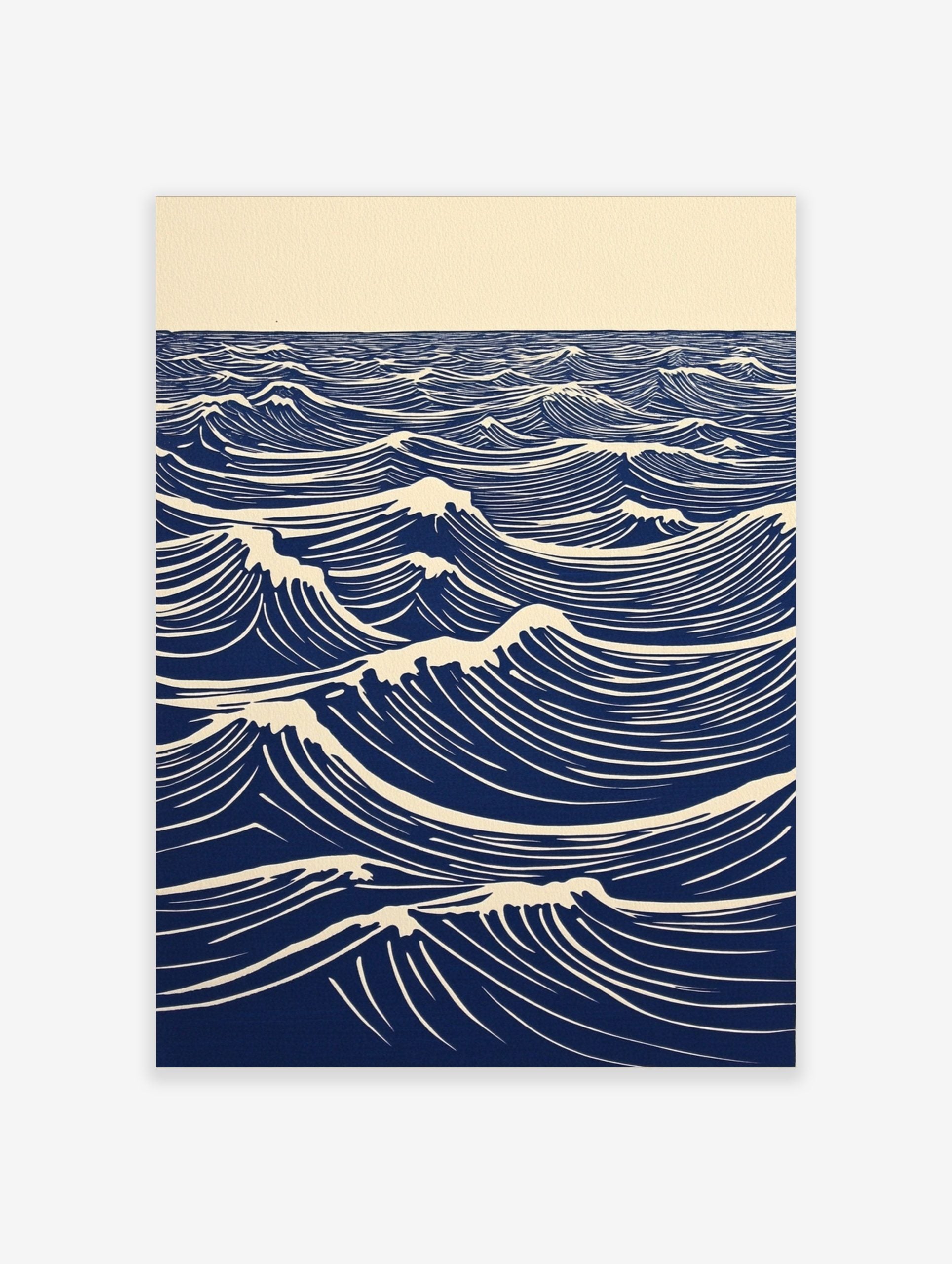 Stylised blue and white lino print of ocean waves with foam crests extending to the horizon